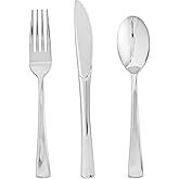 FOCUSLINE 75 Pack Silver Plastic Silverware Disposable Cutlery Set - 25 Forks Knives Spoons - Disposable Flatware Heavy Duty Plastic Utensils Set for Catering, Parties, Dinners, Weddings
