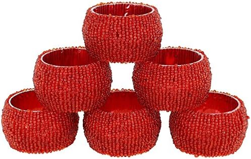 Avs Stores Set Of 6 Napkin Rings Holder Red Indian Handmade Glass Beaded For Special Occasions, Birthday, Christmas, Any Occasion Gift