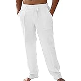 AKEFUN Mens Summer Casual Linen Pants Beach Elastic Drawstring Waistband Loose Fit Slacks with Pockets