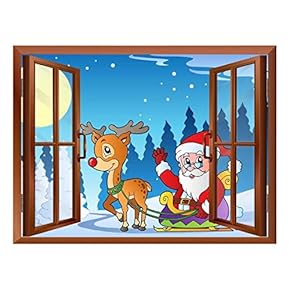 Cartoon Santa Claus and Reindeer - Peel and Stick Self-Adhesive Removable Window View Wall Sticker/Wall Mural - 24"x32"