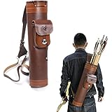 TOPARCHERY Traditional Shoulder Back Quiver Bow Leather Arrow Holder with Large Pouch Handmade Straps Belt Bag Brown