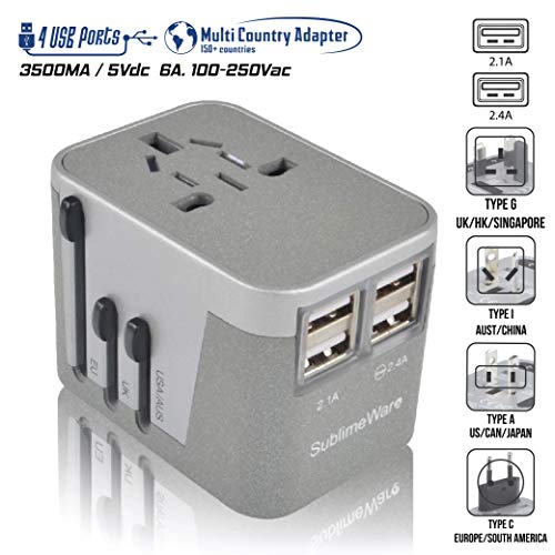 Power Plug Adapter for International Travel (SandSilver) - 4 USB European to American Adapter for 150+ Countries - Electrical Charger Adapters for Europe - Type C Type A Type G Type I by Sublimeware