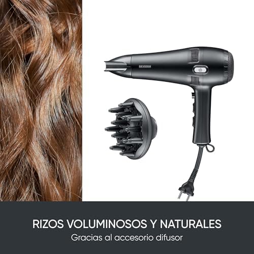 Secador de pelo, secador potente, enrollador automático del cable con solo pulsar un botón, con botón de aire frío, dos accesorios adicionales, 2100 W, negro, HT 0165