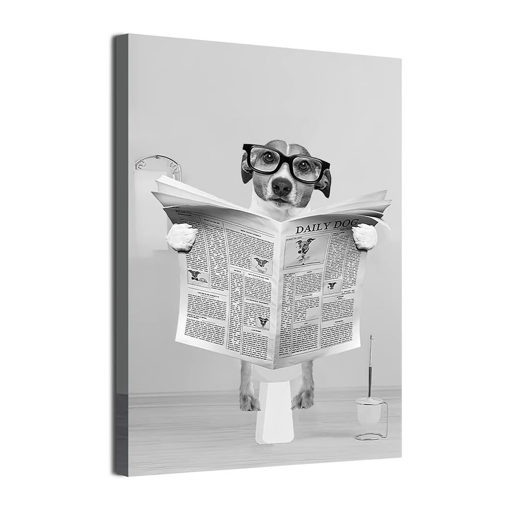 LPFNSF Bathroom Animal Pictures, Black and White Animals in The Bathroom, Fun Cow Elephant Art Paintings, Printed Bathroom Decoration Posters, Frameless. (dog, 30x40cm*1)