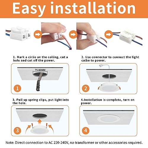 Tomosu Pack of 10 Extra Flat LED Recessed Spotlights, 5 W 450 LM Equivalent to 50 W Incandescence, IP44 Waterproof Bathroom Spotlight Cool White 6000 K, Hole Φ75-90 mm, AC220-240 V