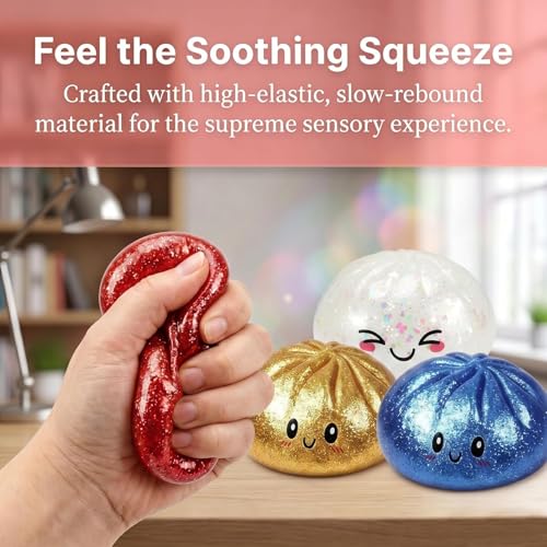 SLEEPHEAD®Dumpling Squishy Mystery Box, Glitter Dumpling, Dumplings Style Stress Balls for Adults and Kids, Cute Steamer Basket Design with Squeezable Bun Stress Relief Fidget Toys,2Pcs Random color