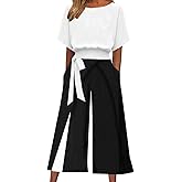 Women's Summer 2 Piece Outfits Color Block Round Neck Crop Basic Top Cropped Wide Leg Pants Set Jumpsuits 2026 Fashion