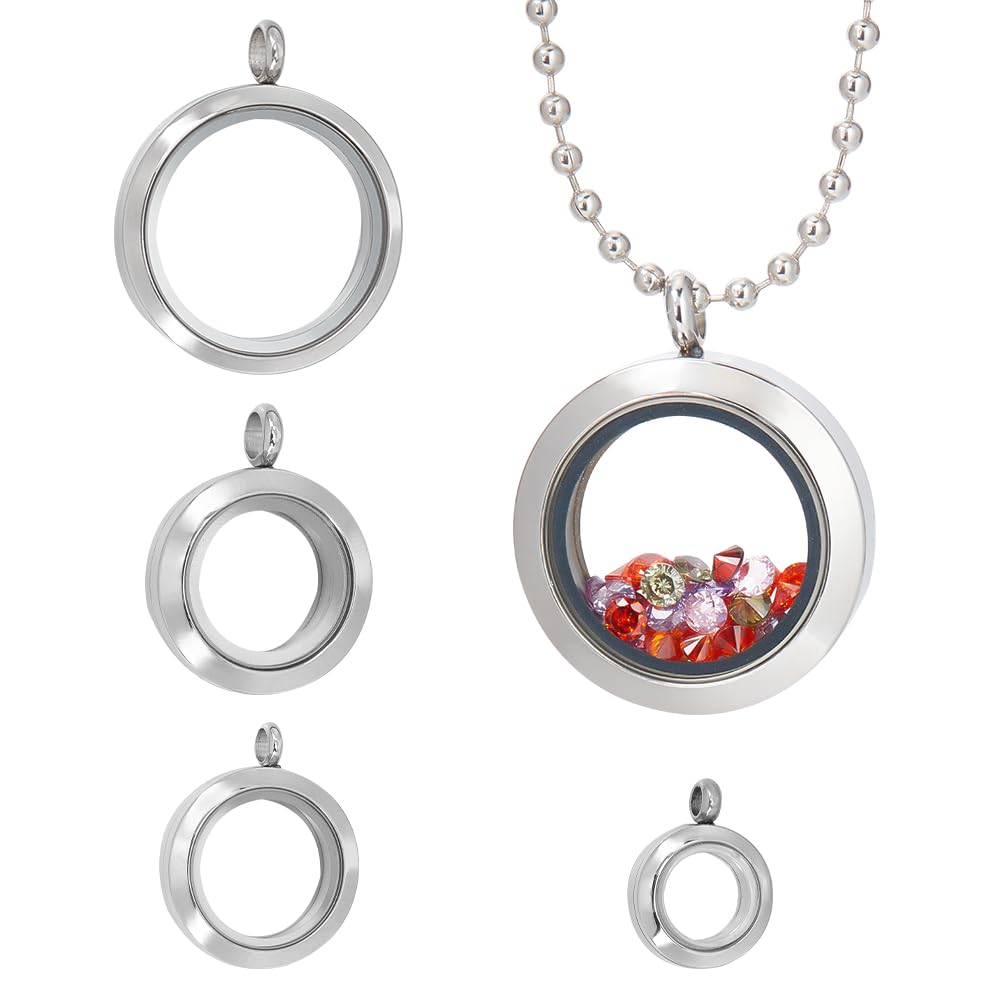 UNICRAFTALE about 4Pcs 4 Sizes Living Memory Stainless Steel Crystal Photo Frame Locket Pendants Flat Round Floating Charm with Glass DIY Accessories for Jewelry Necklace Making
