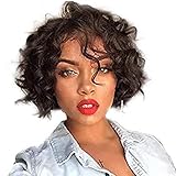 Short Human Hair Wigs for Black Women Curly Wavy Lace Front Wig Brazilian Full Lace Wigs with Baby Hair Natural Color (8 inch, 130% density lace front wig)