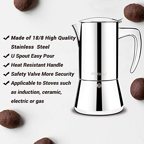 FOSKU Espressokocher für Herd, Edelstahl, Mokkakanne, italienischer Stil, Espressokanne für 6 Tassen, 300 ml (Silber) – Bild 4