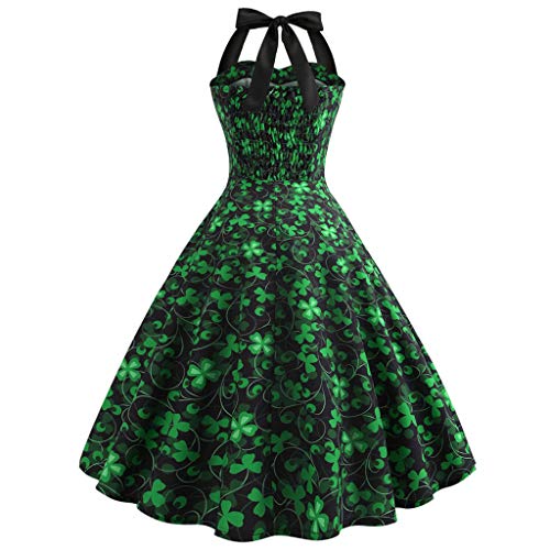 image for Nihewoo Vintage Print Green Pleated Halter Sleeveless Prom Swing Tank 