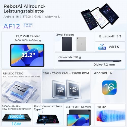 Tablet 12.2 Inch Android 16 Tablets, 32GB RAM + 256GB ROM, 2400 x 1600 IPS 10000mAh Tablet Octa-Core T7300, 5+16MP/Gemini AI/Widevine L1/TÜV Rheinland/18W Fast Charge/IP54 Waterproof
