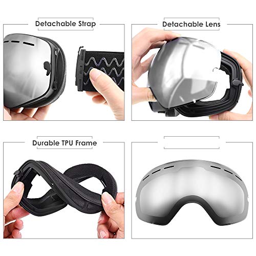 Zerhunt Ski Goggles, Snowboard Goggles Over Glasses, Anti Fog UV Protection Snow Goggles OTG Interchangeable Lens for Men Women Snowmobile, Skiing, Skating, Silver - Thumbnail 4