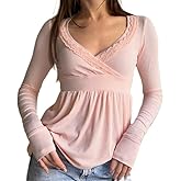 Womens Y2k Babydoll Tops Long Sleeve V Neck Lace Trim Peplum Blouse Fairy Grunge Teen Girls 00s Vintage Streetwear