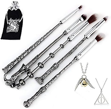 Wizard Wand Potter Makeup Brushes - Metal 5 Set Cosmetic Brushes for Foundation Blending Concealer Eye Shadow Eyebrow Synthetic Fiber Bristles Brush with Deathly Hallows Necklace Gift (red)