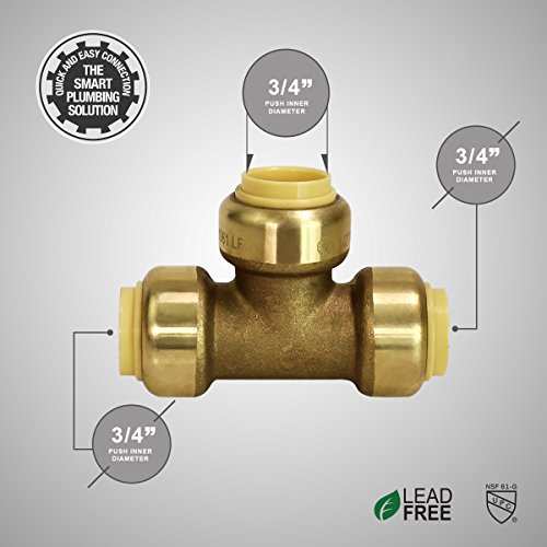 Pushlock UPET34 Tee Pipe Fittings Push to Connect Pex Copper, CPVC, 3/4 Inch, Brass - Thumbnail 5
