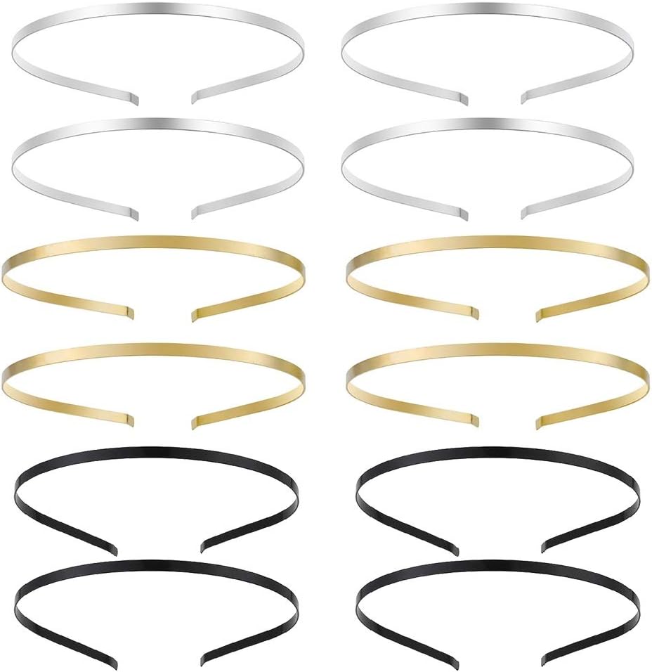 Christmas Smooth Metal Headbands with 3 Colors for DIY Hairband Black Gold Silver Plated Head Bands Pack of 12 (Mixed Color)