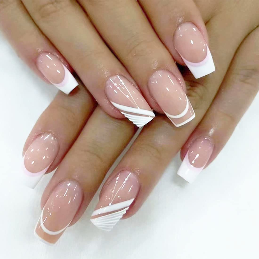 24 PCS French False Nails Short False Nails Simple Line Fake Nails Glossy False Nails Pink & White Fake Nails Full Cover False Nail Daily Decorative Art for Women and Girls — image 1