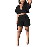 Fooullaide Womens Summer 2 Piece Outfit Set Crop Top Butterfly Sleeve Short Set Sexy Beach Vacation 2pc Sets