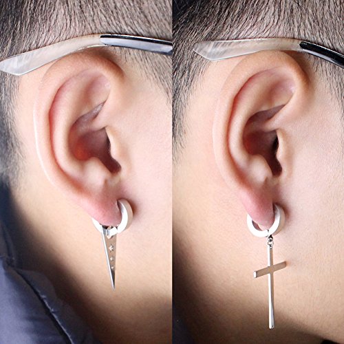 4 Pairs Stainless Steel Small Hoop huggie Earrings Cross Triangle Awl Taper Rivets (4 Pairs Silver-tone) - Thumbnail 3