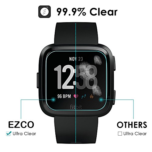 EZCO Fitbit Versa Screen Protector (4-Pack), Waterproof Tempered Glass Screen Protector Cover Saver for Fitbit Versa Smart Watch Scratch Resist 99.9% Clear HD Anti-Bubble Protective Film