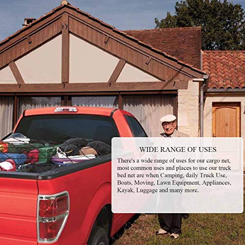 Angooni 4' x 6' Heavy Duty Cargo Nets for Pickup Trucks - Stretches to 8'x12', 4"x4" Mesh Holes Bungee Truck Bed Net with Premium Carabiners Clips