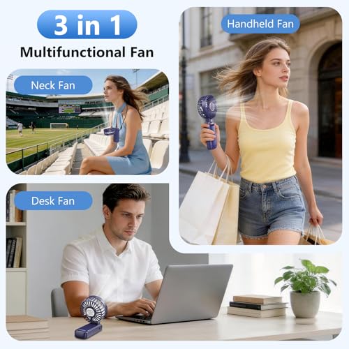 Ventilador Portátil, 4500mAh Recargable Ventilador de Mano, Hasta 20 Horas de Autonomía, 5 Velocidades, Pantalla LED, Ajustable 180° 3-en-1, Silencioso Ventilador Pequeño para Viajes, Oficina, Hogar