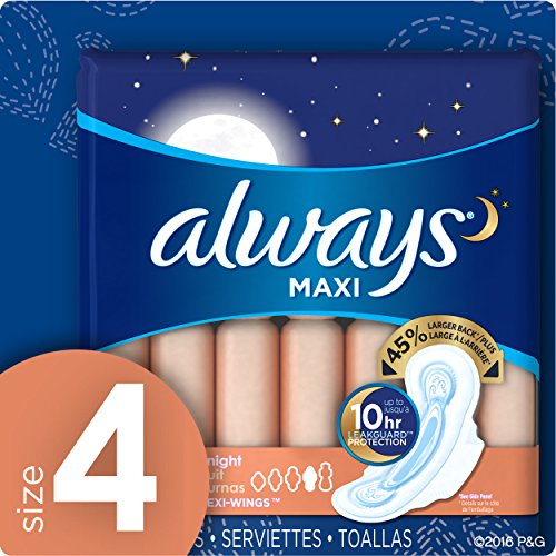 Always Maxi Size 4 Overnight Pads with Wings, Unscented, 33 Count