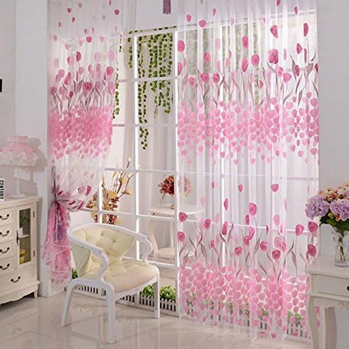 2Pcs Pink China Kids Tulle CurtainTulip Flower Sheer Window Curtains for Living Room