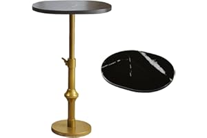 Drink Table, Marble Pedestal Side Table, Modern Round End Table, Cocktail Accent Table with Adjustable-Height Metal Brass Bas