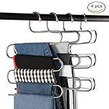 Multi-Purpose Pants Hangers, CEISPOB S-type 5 Layers Stainless Steel Clothes Hangers Storage Pant Rack Closet Space Saver for Trousers Jeans Towels Scarf Tie (4 pack)