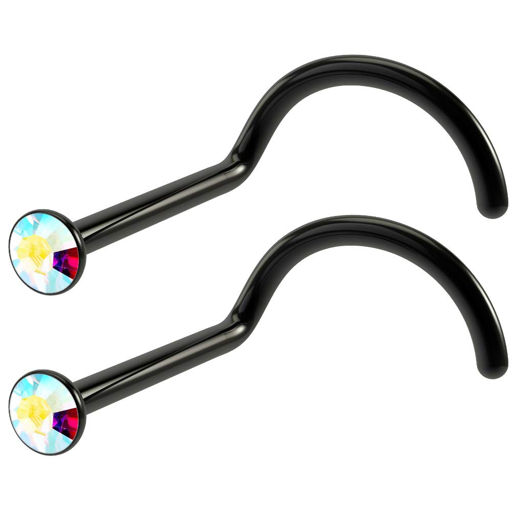 2pc 20g 0.8mm Black Nose Bar Screw 2mm Crystal AB Aurora Borealis Cubic Zirconia Twist Nostril Studs
