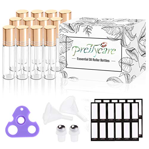 Essential Oil Roller Bottles 10ml (Clear Glass Bottle with Gold Cap, 12 Pack, 2 Extra Stainless Steel Balls, 24 Labels, Opener, Funnels by PrettyCare) Roller Balls for Oils, Roller on Bottles - Thumbnail 6