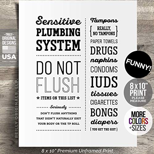 8x10" UNFRAMED PRINT Funny Bathroom Sign Do Not Flush Sensitive Plumbing Septic System Decor Farmhouse Rustic Home Art Modern Humor No Tampon Feminine Sanitary Product Paper Toilet Bong IUD Condom