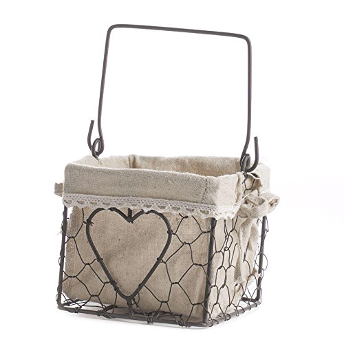 Square Brown Chicken Wire Basket With Natural Linen Liner and Heart Accent. For Cottage, Coastal or Farmhouse Home Decor. by Factory Direct Craft