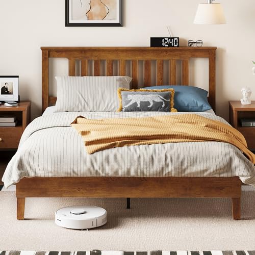 LINSY Wood Bed Frame, Full Bed Frame Solid Wood Platform Frames with Headboard…
