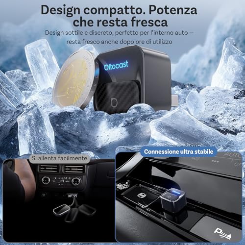 OTTOCAST Mini Core Adattatore Wireless 2 in 1 per CarPlay e Android Auto, Dongle Compatto con Wi-Fi 6 e Bluetooth 5.4, Pulsante Smart Switch, Connessione Automatica