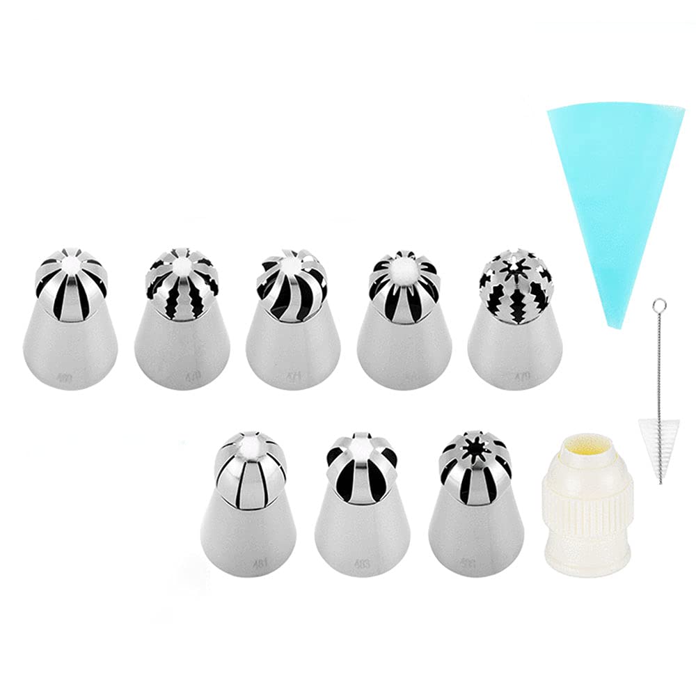 ANCLLO Russian Piping Tips, 11pcs Baking Supplies Set for Cake/Cupcake Decorating, 8 Russian Tips 1 Couplers 1 Reusable 12 inch Silicone Bag and Free Cleaning Brush