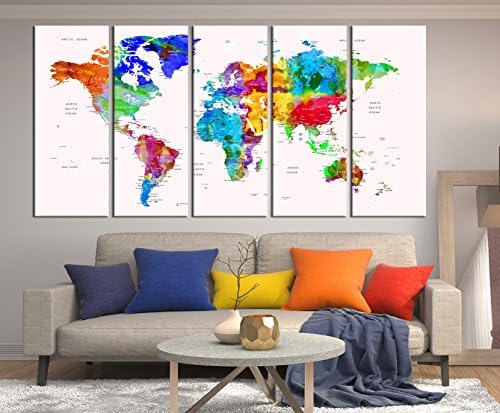 Colorful world map push pin canvas print, watercolor world travel map watercolor wall decal for bedroom, framed world map abstract wall art 844