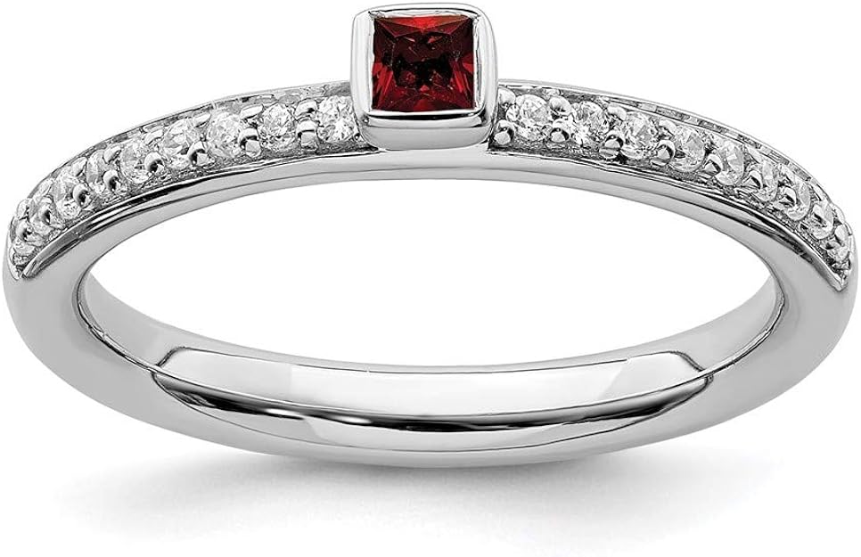 925 Sterling Silver Red Garnet Diamond Band Ring Stackable Birthstone