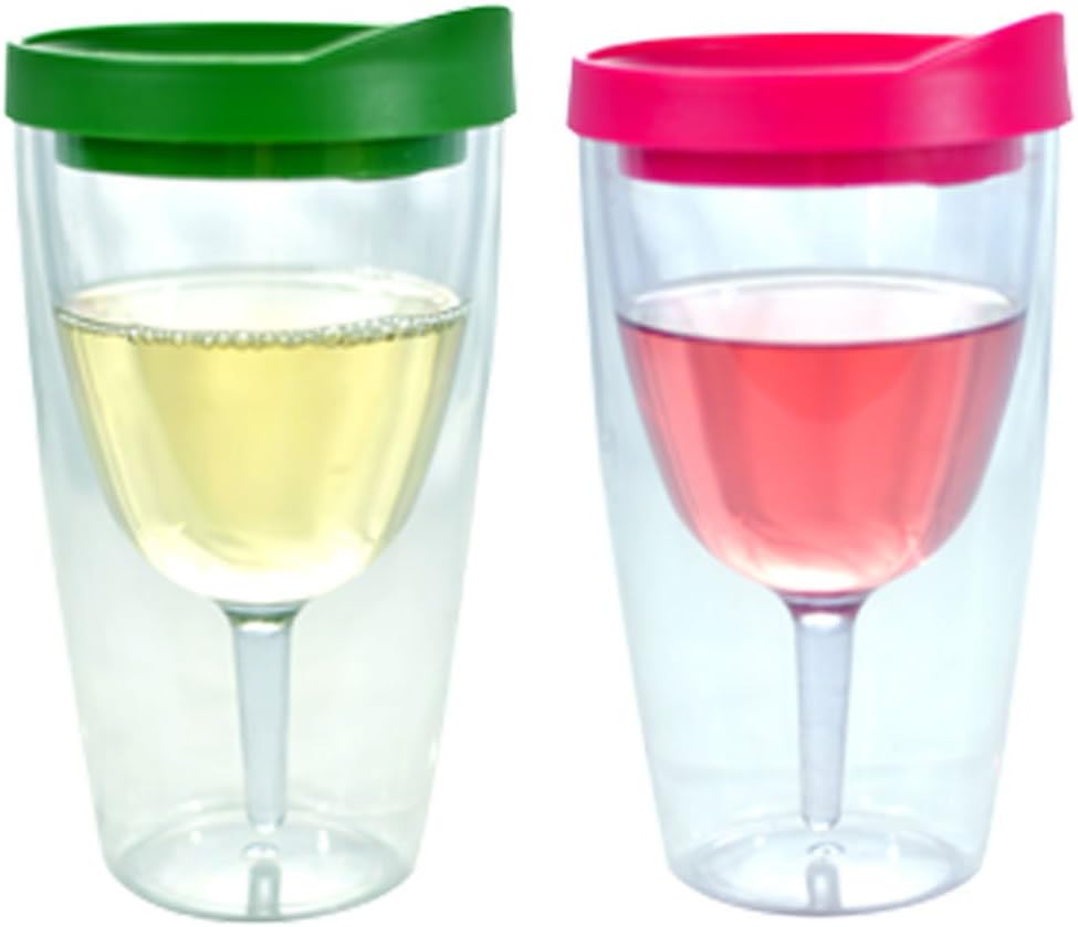 Wine Tumbler - 10oz Insulated Vino Double Wall Acrylic With Pink and Verde Drink Through Lid - Wine 2Go!