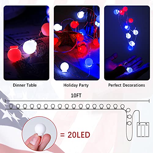 LOLStar 4th of July String Lights Red White Blue Fairy String Lights 7.38ft 20 LEDs Bulb Shape Waterproof Battery Operated Patriotic Decor for Independence Day,Memorial Day,Flag Day Patriotic Party