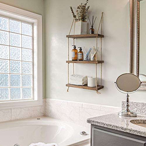 Labcosi 3 Tier Rope Wall Hanging Floating Shelves, Swing Rustic Wood