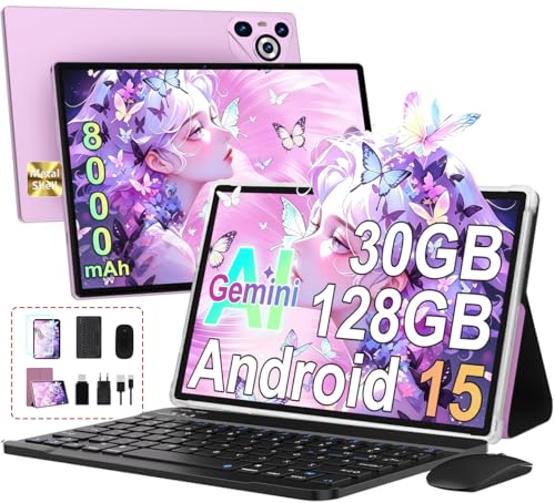 Android Tablet 15 [30GB RAM] 128GB ROM, 10 Inch IPS HD Screen+1TB Expandable, 8-core, 8000mAh, Metal Body, 5MP+8MP, Face ID, Widevine L1 - with Keyboard, Mouse, Protective Case - Purple