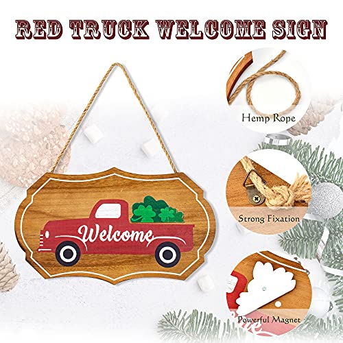 Welcome Sign, with 14 pcs Interchangeable Seasonal Ornaments Rustic Red Truck Home Sign for Front Door Decor, Seasonal Wall Hanging for Holidays