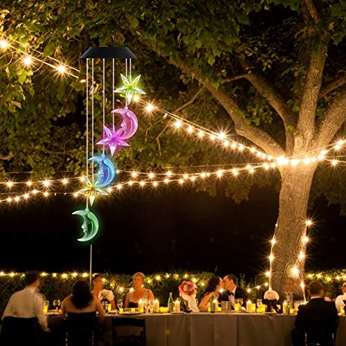 VICOODA Wind Chimes Outdoor, Solar Wind Chimes Color-Changing Moon Star Waterproof Unique Decoration Chimes Mobile Solar Light Mom Birthday Gift for Home Balcony Festival Garden Yard(Moon & Stars)