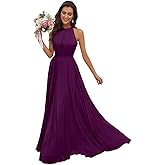 Plakend Women's Chiffon Bridesmaid Dresses Long A-Line Ruched Empire Waist Formal Evening Gown with Pockets