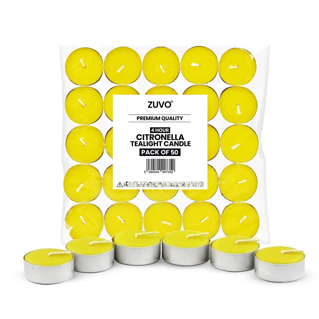 Zuvo Citronella Tealights — Pack of 50, 4-Hour Burn | Insect-Repellent Scented Tea Lights for Indoor & Outdoor Use | Anti-Mosquito Candles for Garden, Patio & Home