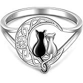 Black Cat Ring Celtic Knot Crescent Moon Rings for Women Sterling Silver Cute Black and White Cat Matching Thumb Rings Animal Pentagram Pentacle Halloween Cats Lover Gifts Size 7-9