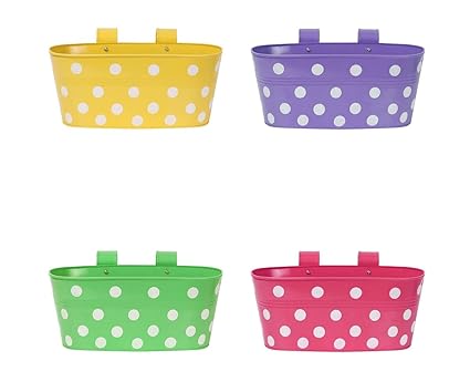 Appeasy Dotted Hanging Oval Shaped Rust Free Railing Metal Flower Pot Holders Planters for Balcony Garden Detachable Double Hooks Set of 4 pcs. (Multicolor)